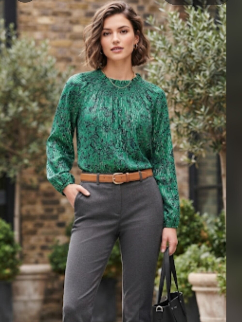 Talbots Green Metallic Smocked Blouse - Sketched Floral